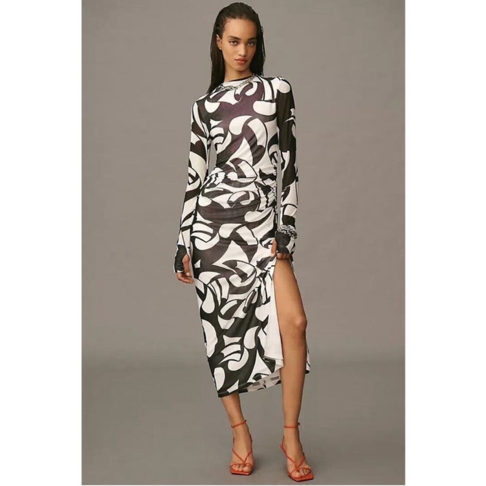 FARM Rio X Anthropologie Mesh Long Sleeve Dress in Black/White Geometric Print